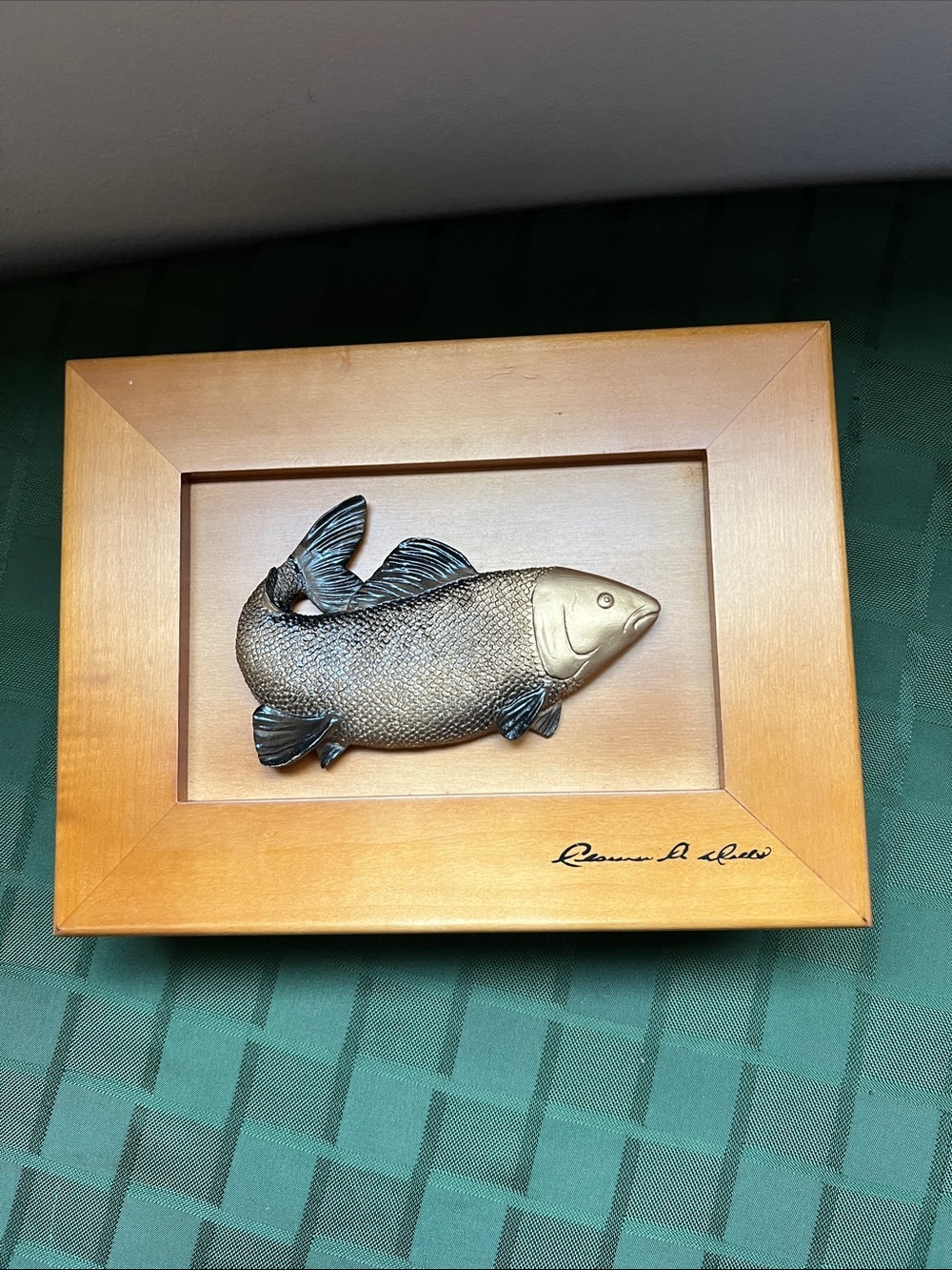 Vintage wood box with 3D salmon. Signed by Clarence A Wells